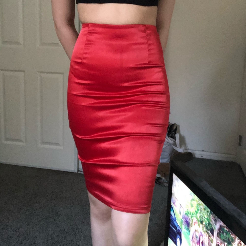 Red satin midi skirt